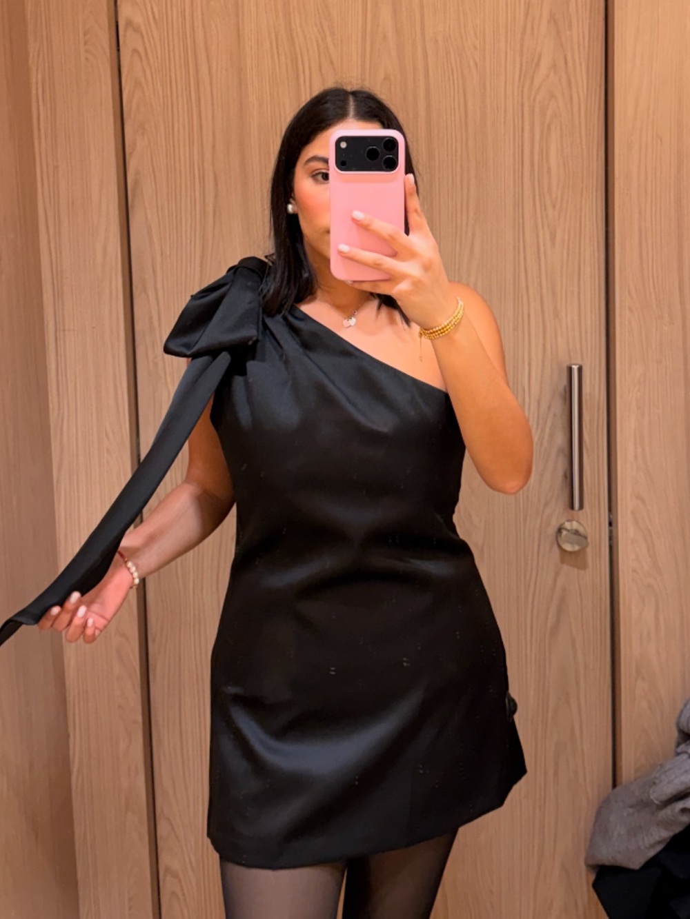 H&M Black One-Shoulder Satin Mini Dress with Bow Detail